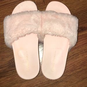 Fuzzy pink platform slides